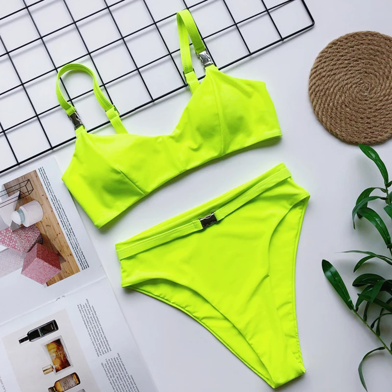 Bikini Set 2019 Swimsuits Women Two Piece High Waist Neon GreenSwimwear Push Up Beachwear Bathing Suit | Женская одежда