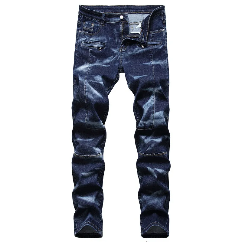 

Individuality Stretch Jeans Men's Fashion Splice Straight Blue Male Denim Pants Jean Trousers Man Mens Cowboy Clothing