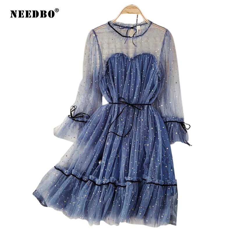 Женское Сетчатое платье с блестками трапециевидного силуэта|Женские платья| |