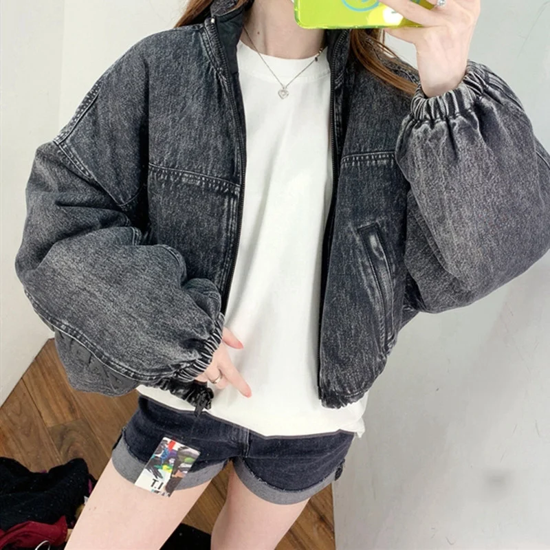 

Женское джинсовое пальто с надписью, короткая куртка на молнии с воротником-стойкой, Осень-зима 2021