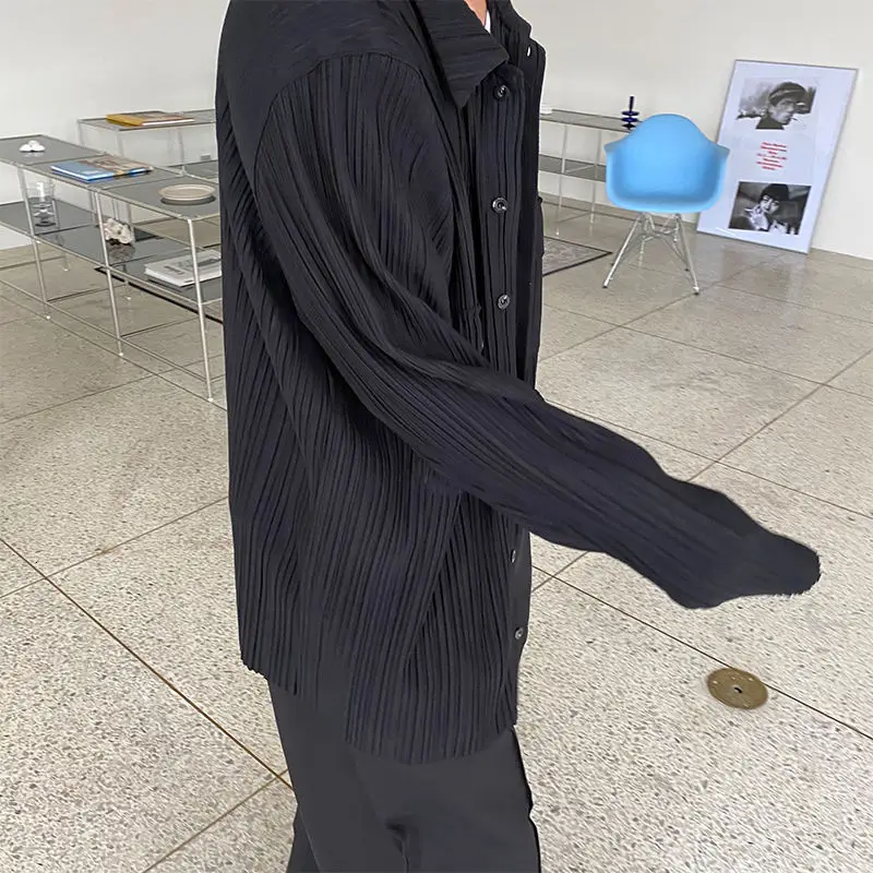 

Spring Pleated Shirt Men's Fashion Business Casual Shirt Men Streetwear Korean Loose Black Long-sleeved Shirts Mens M-XL