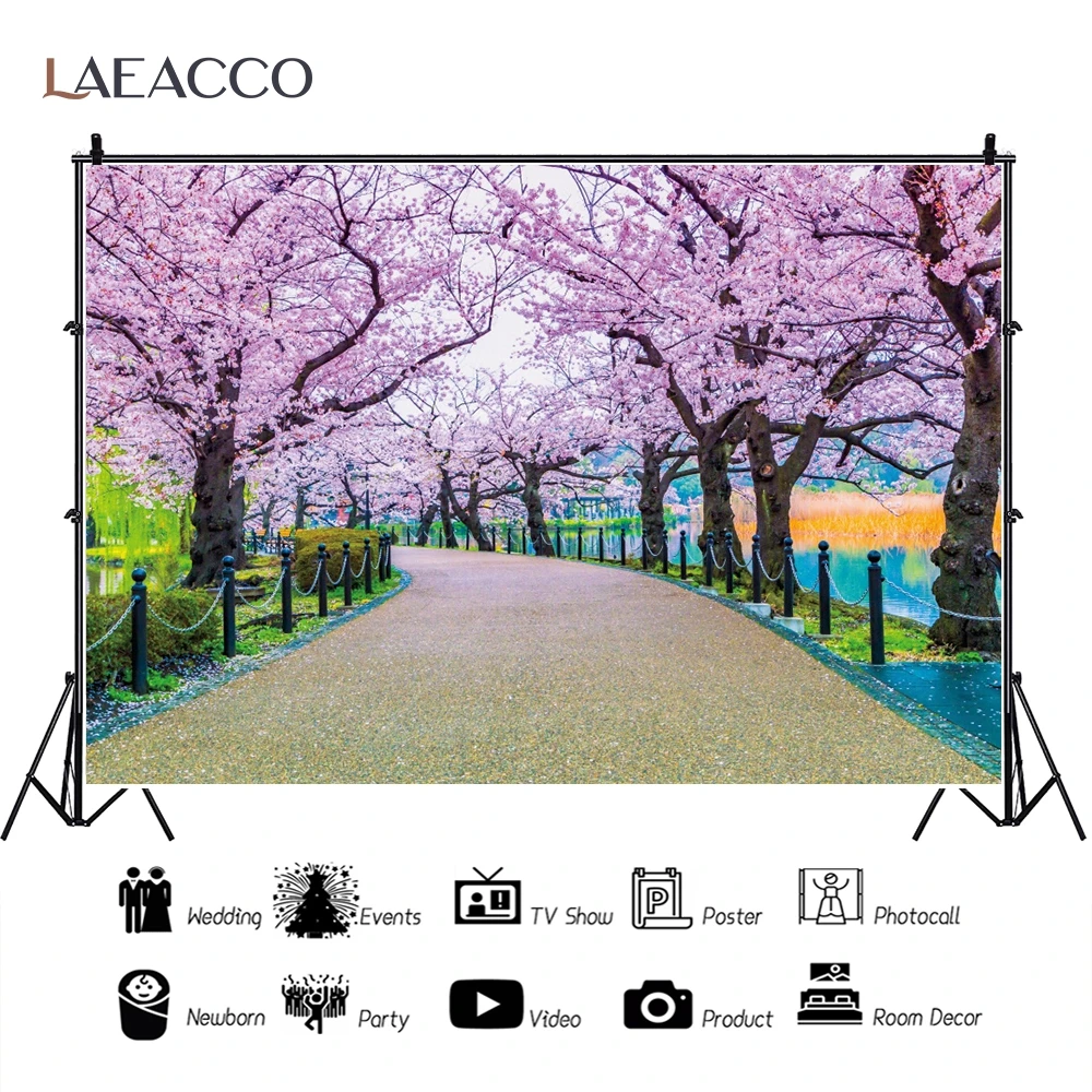 Laeacco розовый цветок фон для фотосъемки дорога дерево озеро парк пейзаж ребенок