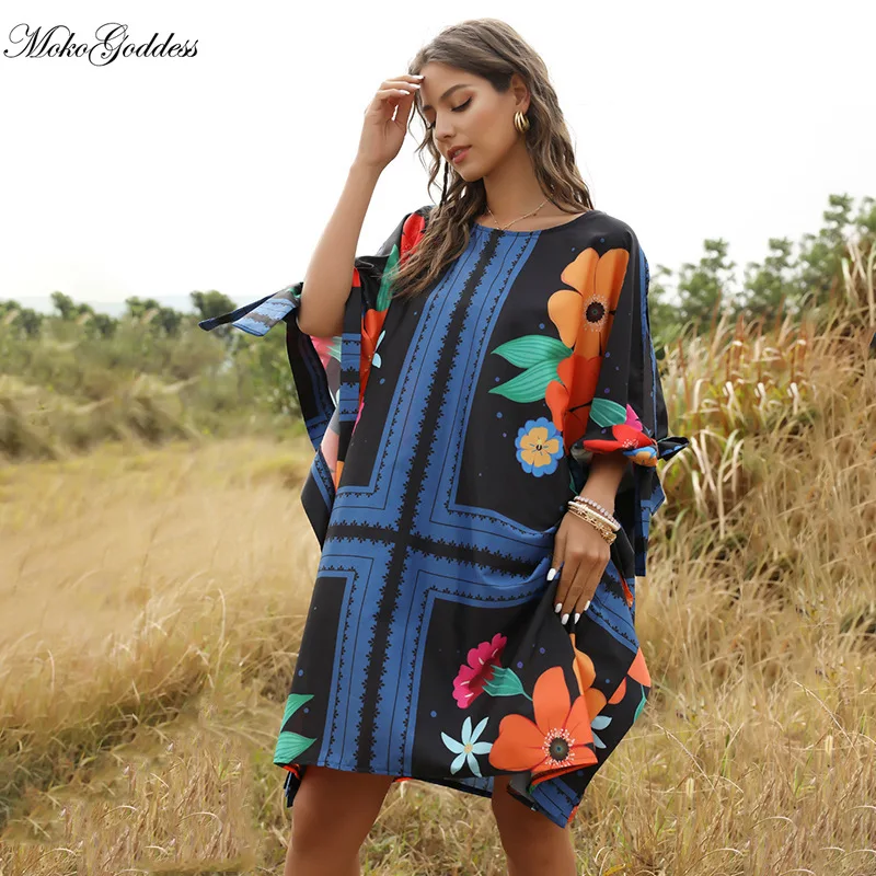 

Moko Goddess2020 New Batwing Sleeve Summer Loose Dress Women Lace Up Print O Neck Streetwear Above Knee Mini Dress
