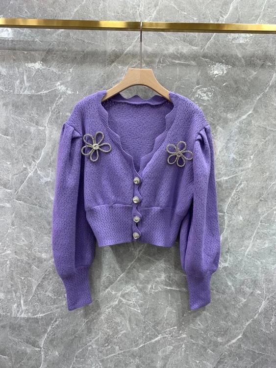 

2021 new women Fashion Puff Sleeve Corsage Pattern Cardigan Knitted Sweater 1104