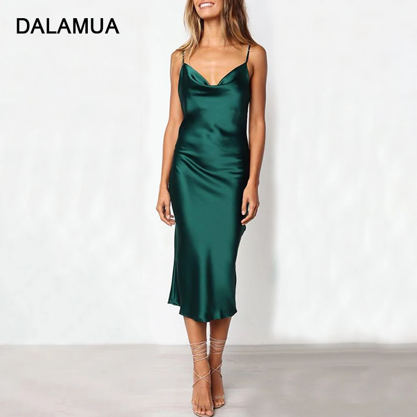 

Женское атласное платье-комбинация, элегантное однотонное модное офисное платье миди без рукавов на бретелях-спагетти, весна-лето 2022