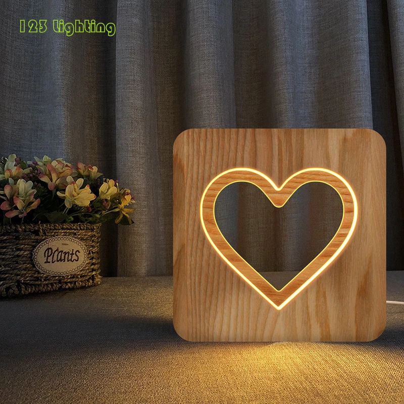 

Wood Heart-shaped LED Night light Bedroom Decor USB Plug Night lamp Holiday Gift Computer Beside Lamp Customizable Atmosphere
