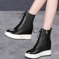 high top fashion sneakers women lace up genuine leather wedges high heel ankle boots female round toe pumps shoes casual shoes