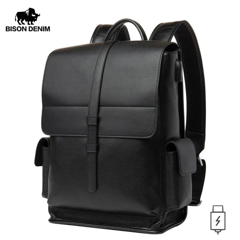 BISON DENIM, натуральная кожа, 14 дюймов, рюкзак, мужская дорожная сумка, водонепроницаемый рюкзак, usb зарядка, школьный рюкзак, N2645