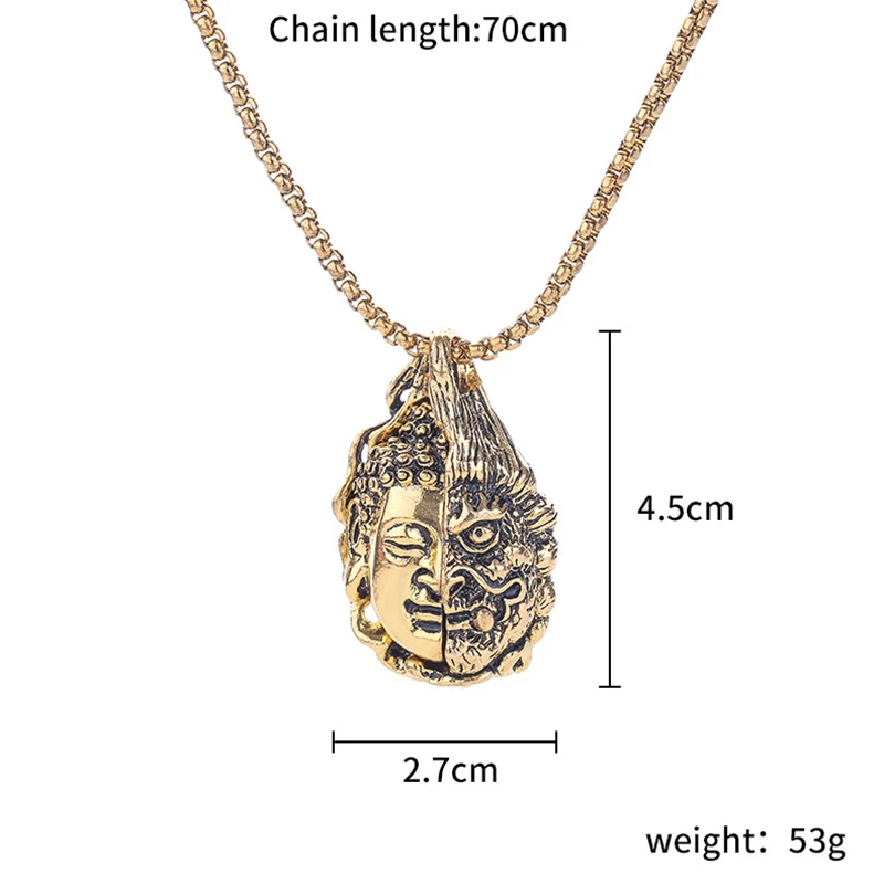 

New Arrival Hip Hop Gold Color Half devil and Half Buddha Face Pendants With Long Chain Link for Women Men s Tooth Jewelry