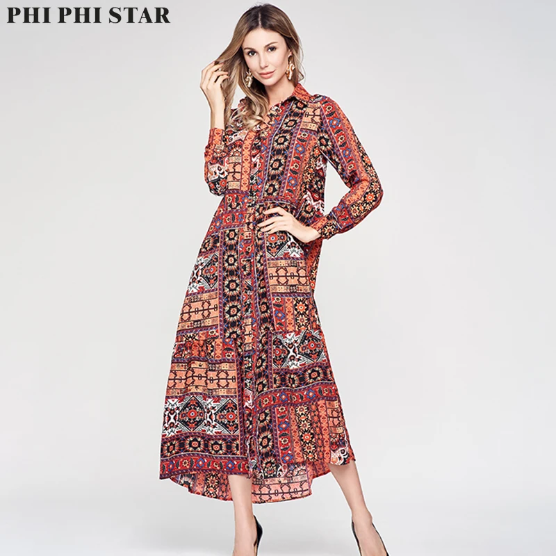 Phi Star Брендовое элегантное римское модное платье с этническим принтом и длинным