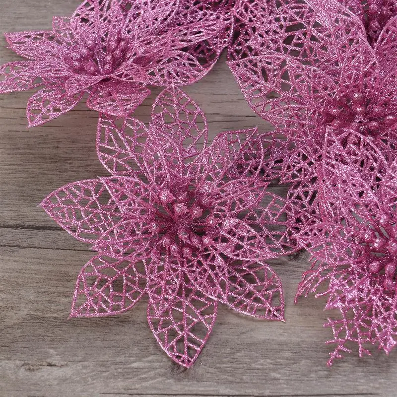 

10pcs Simulated Christmas Artificial Flowers Plastic Decorative Ornaments For Christmas Tree Hanging Pendant (Pink)