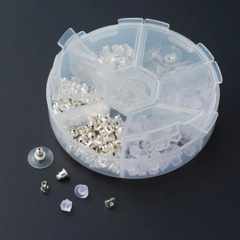 

260Pcs Bullet Earring Stoppers Silicone Metal Plastic Assorted Earring Backs Box M0XF