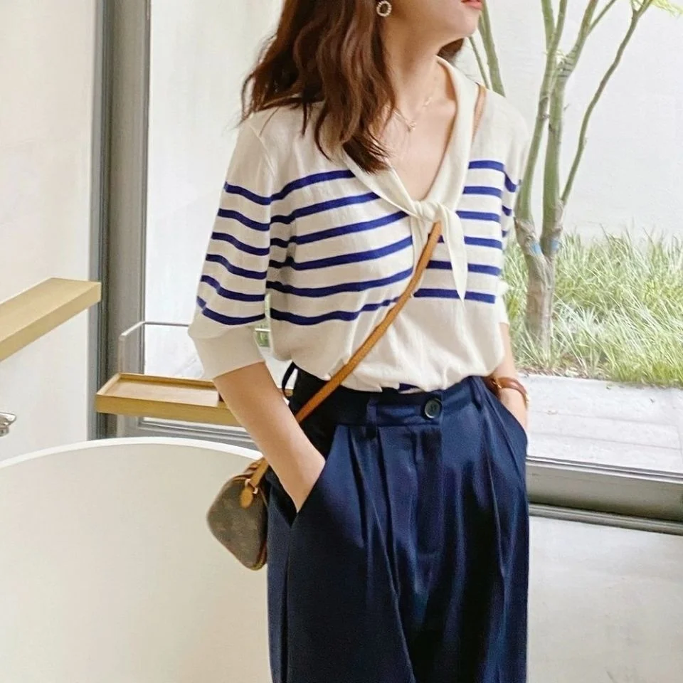 

Short Sleeve Women's French Stripe T-shirt Summer Thin Loose Thin Quarter Sleeve Top Women