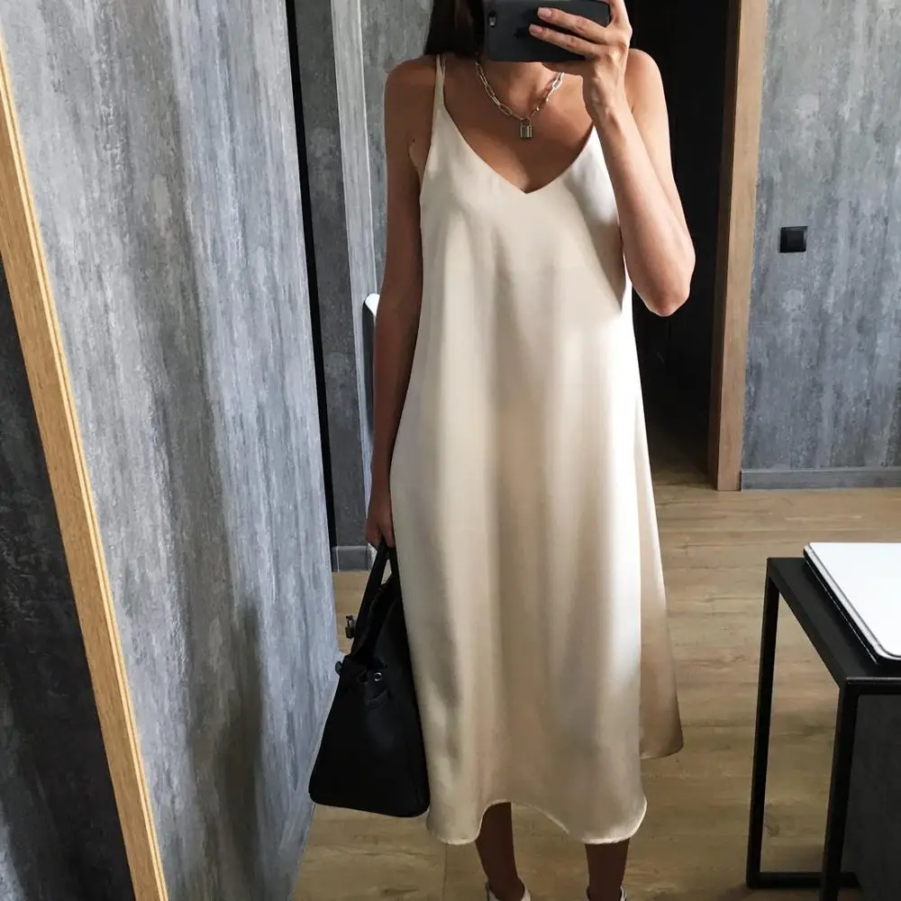 

Spring summer 2020 Woman Tank Dress Casual Satin Sexy Camisole Elastic Female Home Beach Dresses v-neck camis sexy dress
