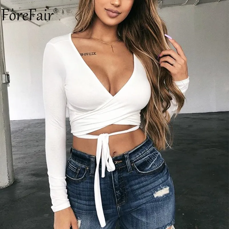 Женская облегающая футболка с запахом Forefair элегантный повседневный укороченный