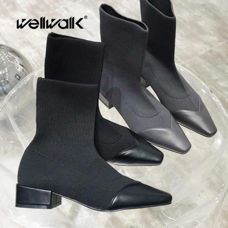 Fashion Ankle Sock Boots Women Block Heels Shoes Stretch Fabric Knitting Winter Booties Female Bootee Woman 2019 Gothic Style | Обувь