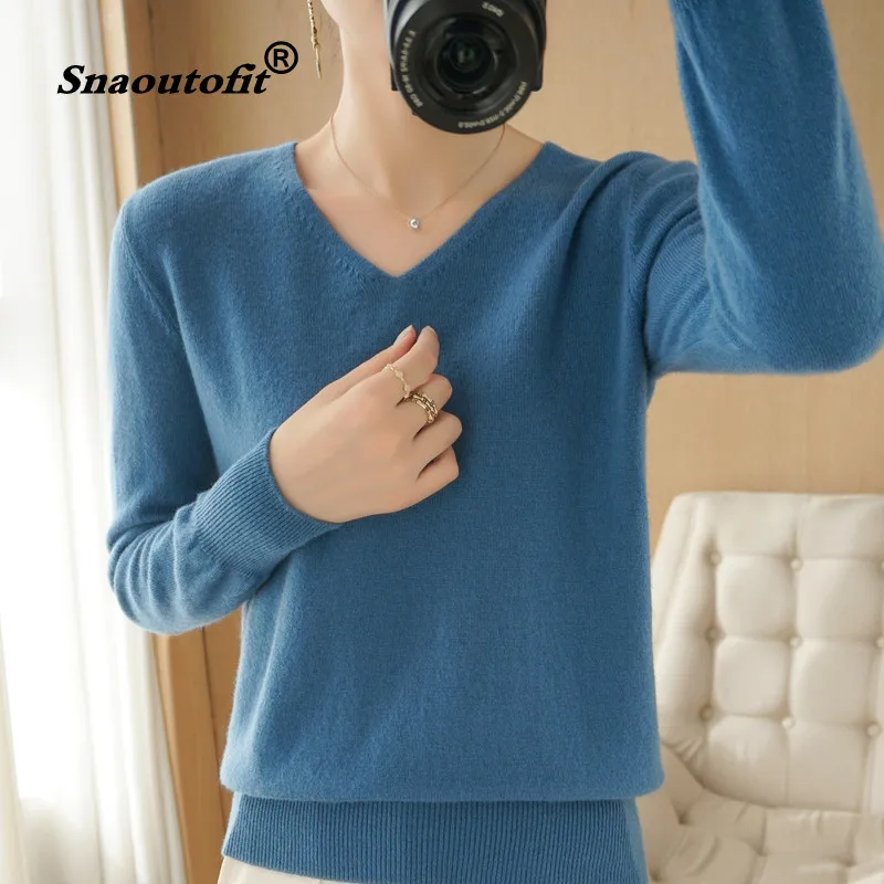 

Snaoutofit New Early Spring V-Neck Women's Pullover Loose Cashmere Sweater Long-Sleeved Low-Neck Casual Short Bottoming
