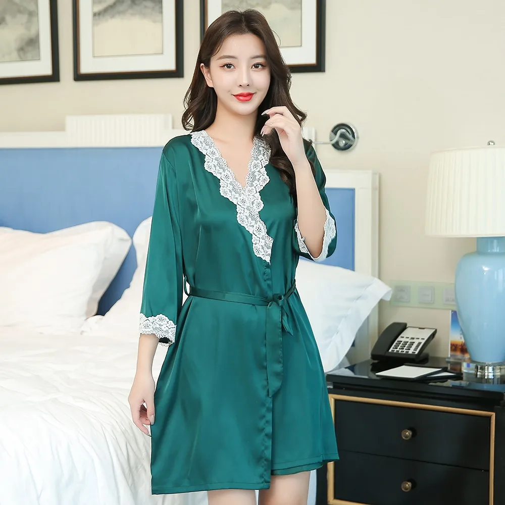 

Sexy Nightdress Satin Women Robe Sets 2 Piece Sleepwear With Lace Silky Kimono Bathrobe Gown Intimate Lingerie Soft Homewear
