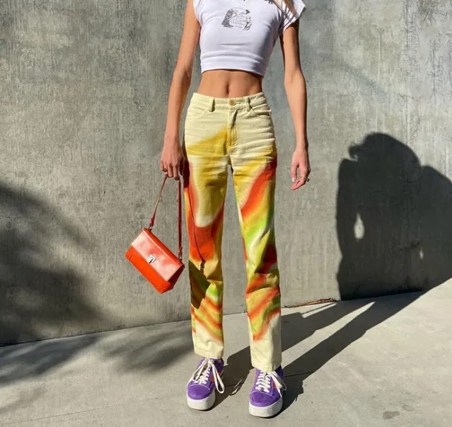 

Летние принтом тай-дай Y2K с завышенной талией и широкими штанинами, брюки с длинным в винтажном стиле; Сезон весна повседневные Сексуальные ...