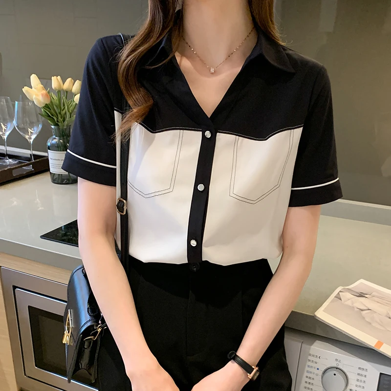 

Chikichi Black and White Stitching Shirt Women 2021 Summer New Style Short-sleeved V-neck Chiffon Top Korean Fashion Blouses