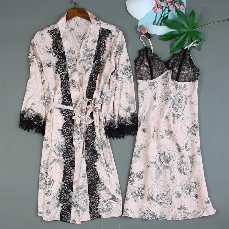 2021 New Ice Silk Drawstring Nightgown Sexy Lace Nightgown Two Piece Women's Home Wear Nightdress Suit Sleepwear Women Set