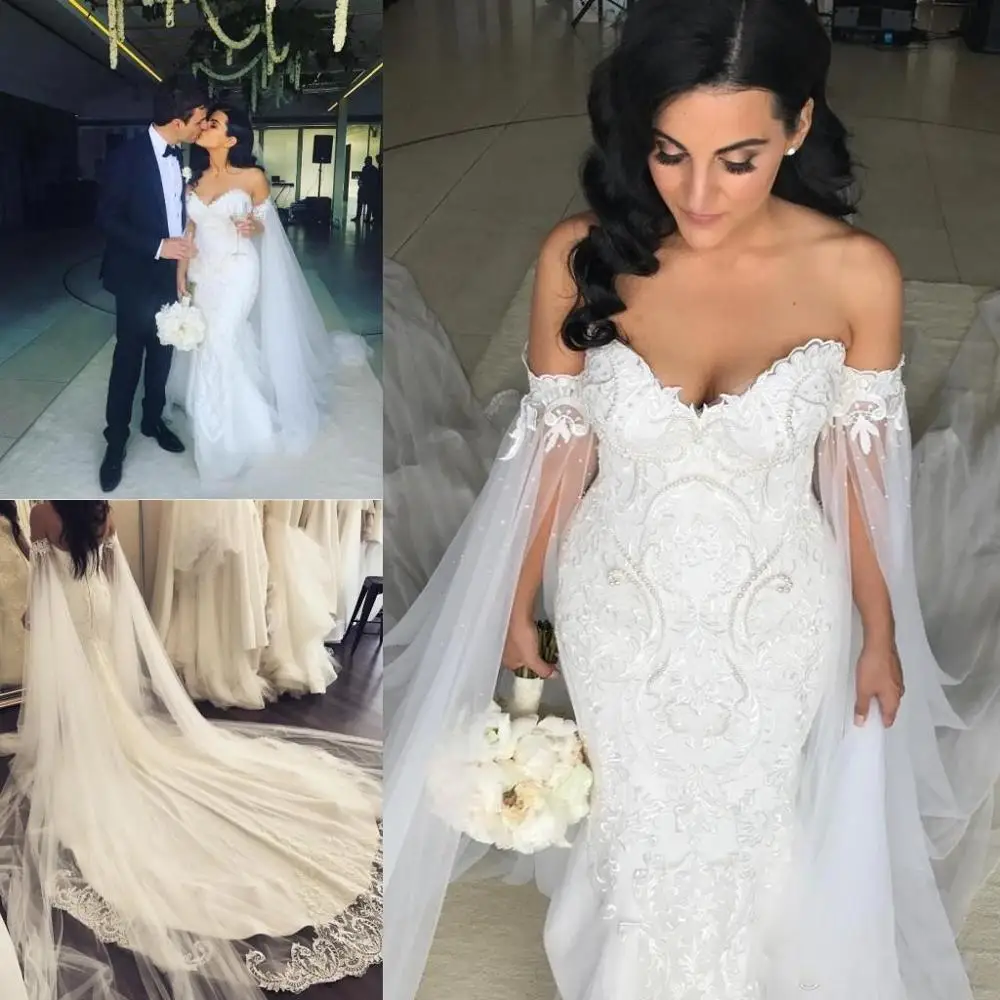 

Plus Size Mermaid Wedding Dresses With Shawl Robe De Mariee Applique Beading Pearls Bridal Gowns Court Train