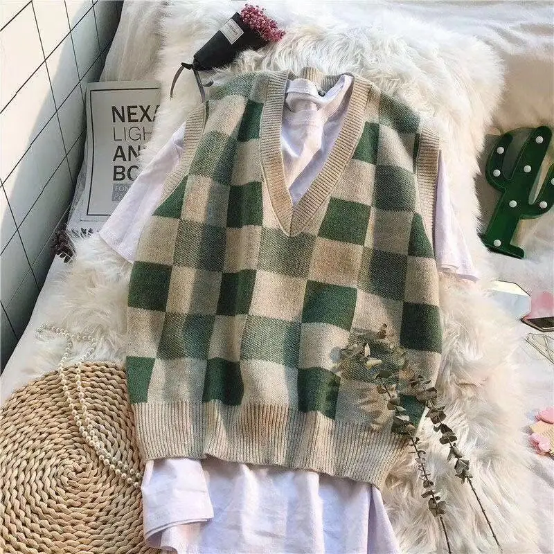 

2021 Spring Autumn Sweater Knitted Vest Korean Tops for Women Clothing Oversize Vintage Sleeveless Kawaii Harajuku V-Neck Plaid