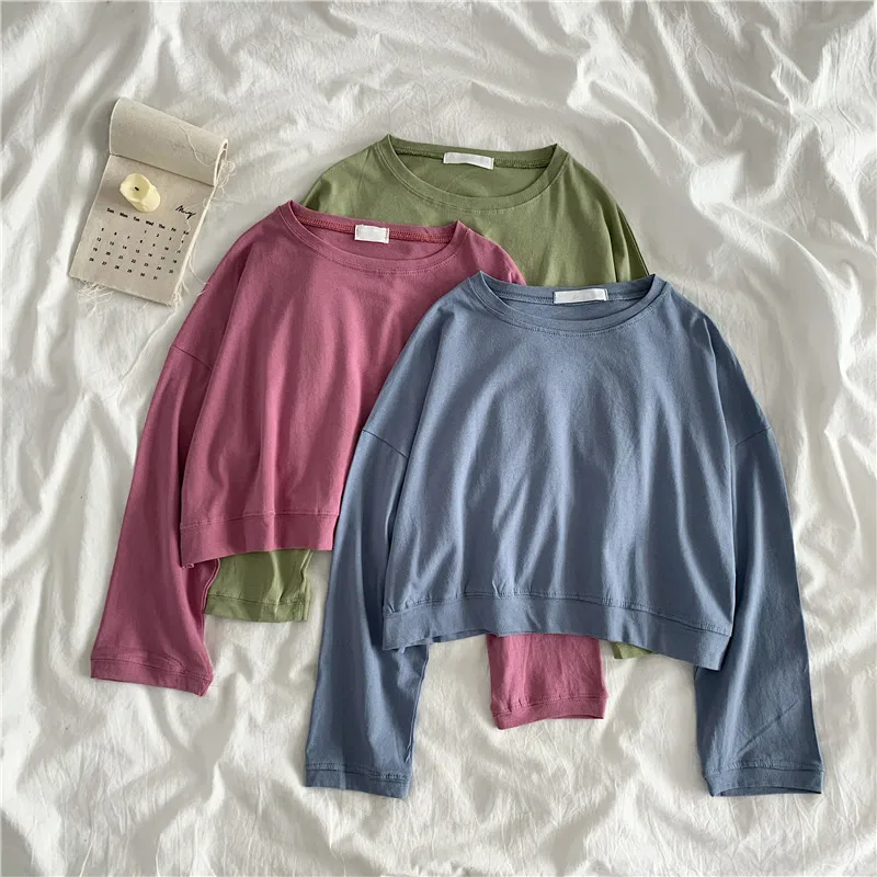 Early Autumn New Korean Style Simple Solid Cotton Short Sweetshirts Loose Casual O-neck Thin Tops Plus Size Women Clothing 11771
