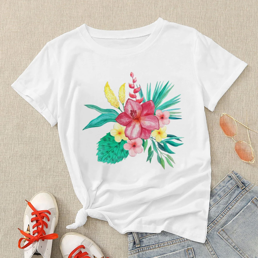

Colored Wildflowers Painting Printed Tshirt Women Personalized Short Sleeve Versatile Style Series Shirts Casual Autumn Top