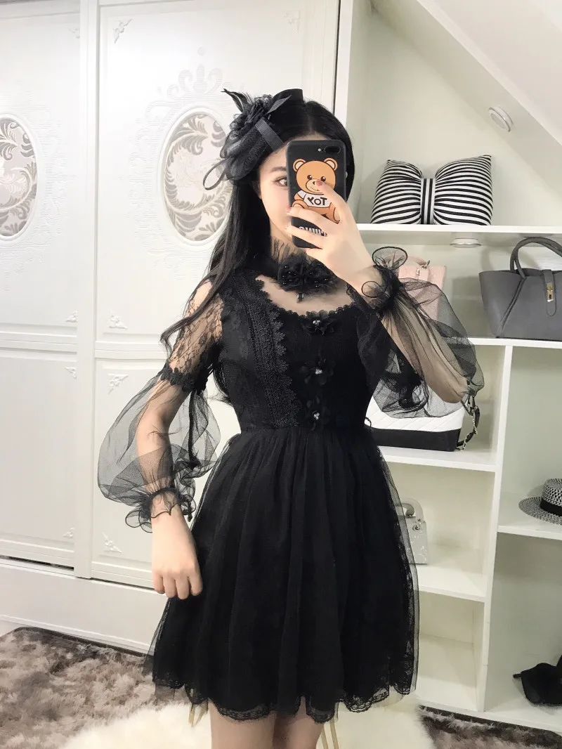 Women Elegant White Black Lace Mesh Party Dress Sweet Puff Sleeve Ball Gown Mini Turtleneck Cute Fairy Vestidos | Женская одежда