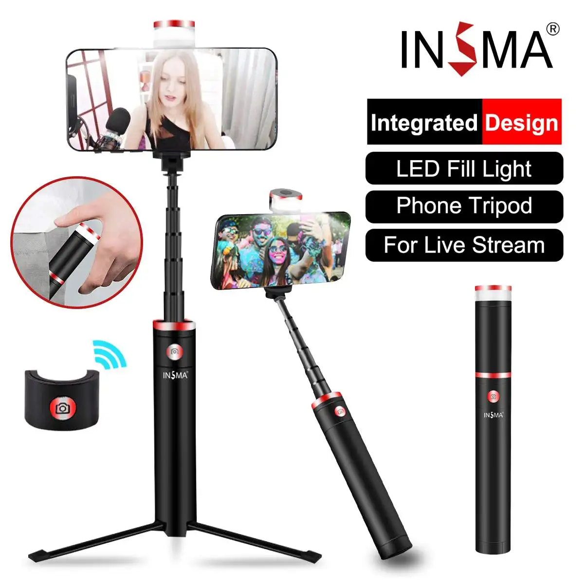 

INSMA Portable Wireless Bluetooth Selfie Stick With Tripod Foldable monopods With Fill Light universal for Smartphone for Travel