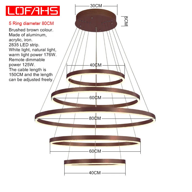 Brown 5 Ring D80CM LOFAHS, современный светодиодный светильник для гостиной, столовой, фойе, купольная, кухонная, алюминиевое кольцо, подвесная люстра, освещение - Цвет абажура: Brown 5 Ring D80CM