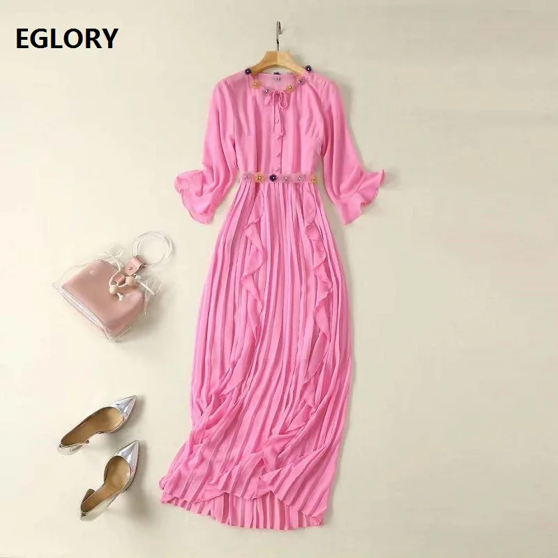 

2020 Autumn Fashion Pink Long Dress High Quality Women Hand Made Beading Ruffle Flower Deco 3/4 Sleeve Elegant Pleated Dress