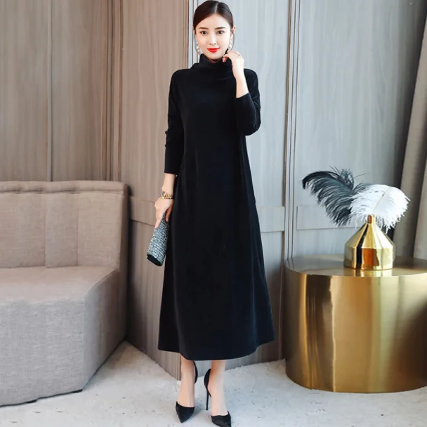 Длинные теплые платья для женщин 2019 зимнее черное бархатное платье макси с