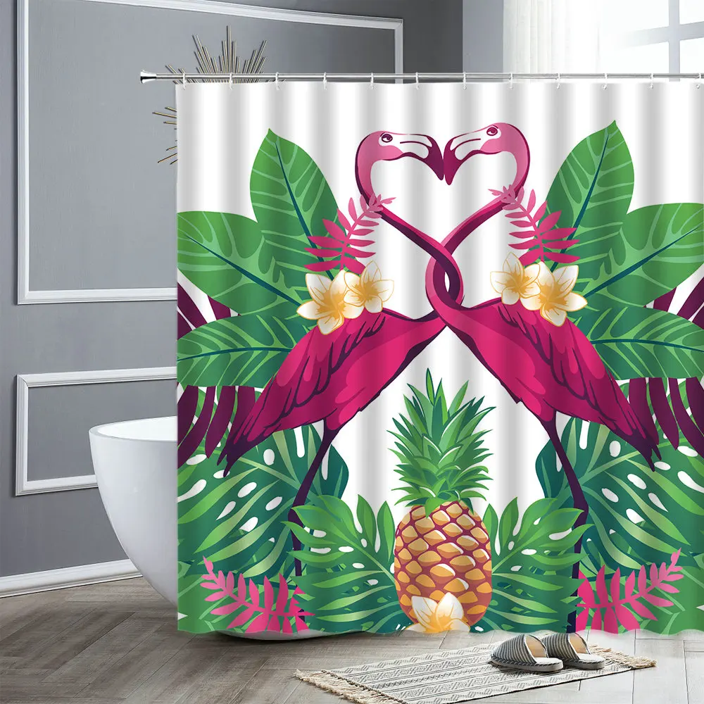 

Flamingo Waterproof Bathroom Curtains Flowers Green Leaf peacocks Shower Curtain Home Decoration Bath Screen Bathtub Decor