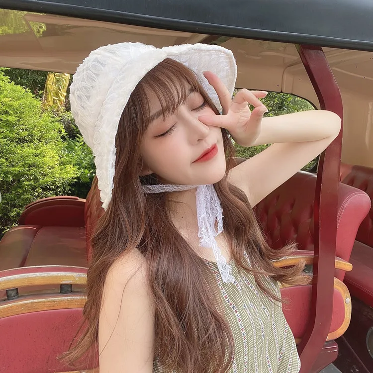 Women Floral Bucket Hat with Ribbon Retro Lace Wide Brim Visor Summer Sun Cap Fisherman Hat