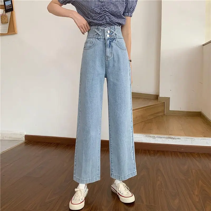 

New design sense high waist jeans women's loose and thin pants wide leg pants