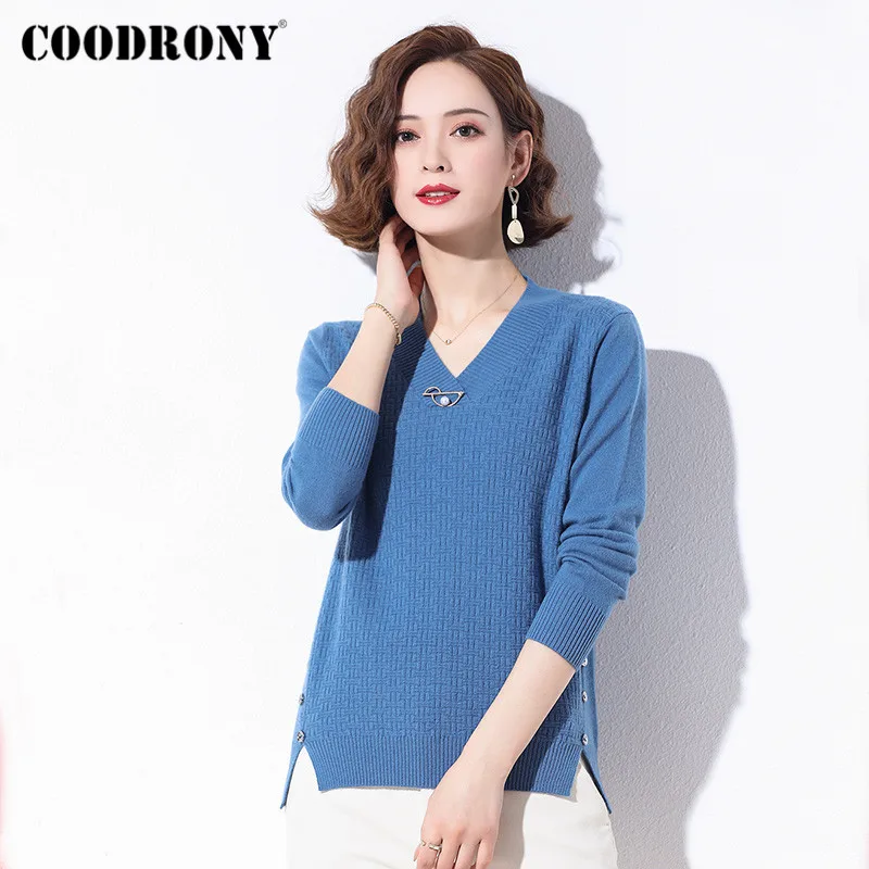 COODRONY Brand Winter New High Quality Women's Fashion Slim Sweaters Casual Knitted Female Pure Wool V-Neck Jumper W1242