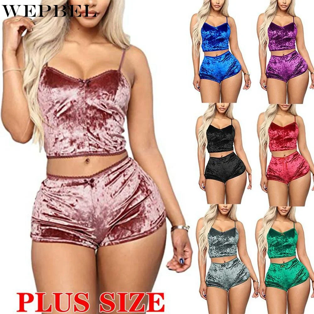 

Женский бархатный комплект WEPBEL из 2 предметов, укороченный топ без рукавов на бретелях-спагетти и шорты, Женская домашняя одежда, ночное бел...