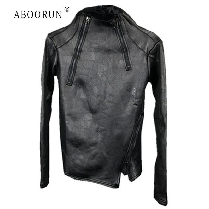 

ABOORUN Men's Punk Fleece Leather Pullovers Black Zippers Turtleneck Sweatshirts Autumn Winter Korean Pullover for Male