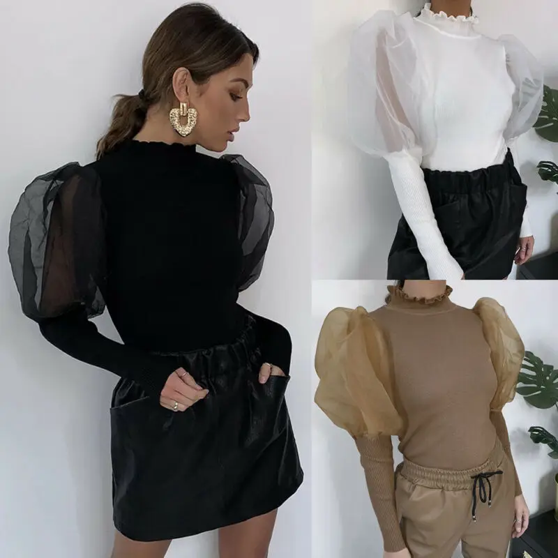 

Brand New Puff Mesh Long Sleeve Knitted Blouse Turtleneck Tops Blouse Shirts Women Spring Autumn Slim Fit Party Clubwear