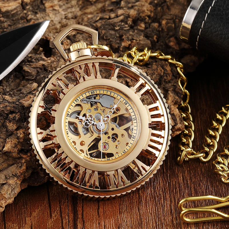

Роскошные механические часы с римским циферблатом, золотые винтажные механические часы в стиле стимпанк с цепочкой-брелоком, мужские и жен...