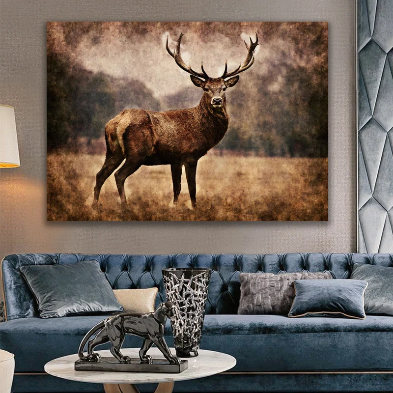 

Prairie Elk Animal Canvas Painting Nordic Retro and Print Wall Decor Pictures Living Room Bedroom Home Decoration