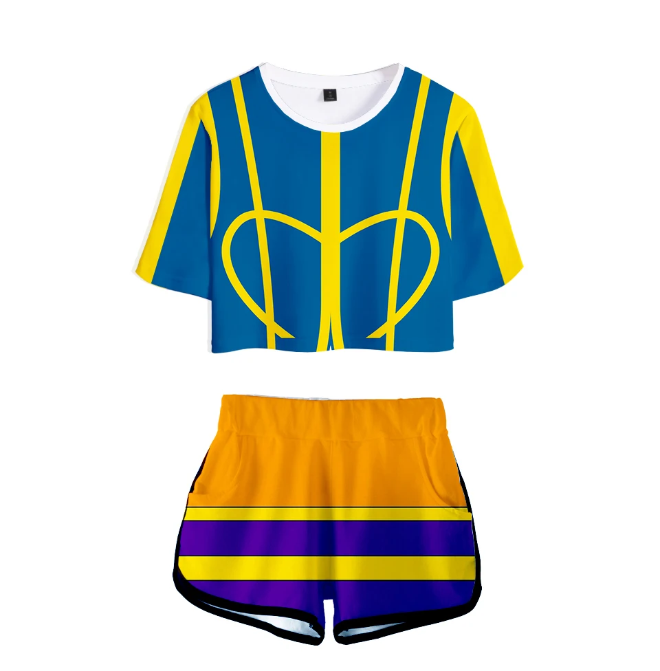 

Suitable 3D Anime Fairy Tail Women's Two Piece Sets Popular Exposed Navel t shirt and Shorts Casual Summer Cosplay Outfit Suits