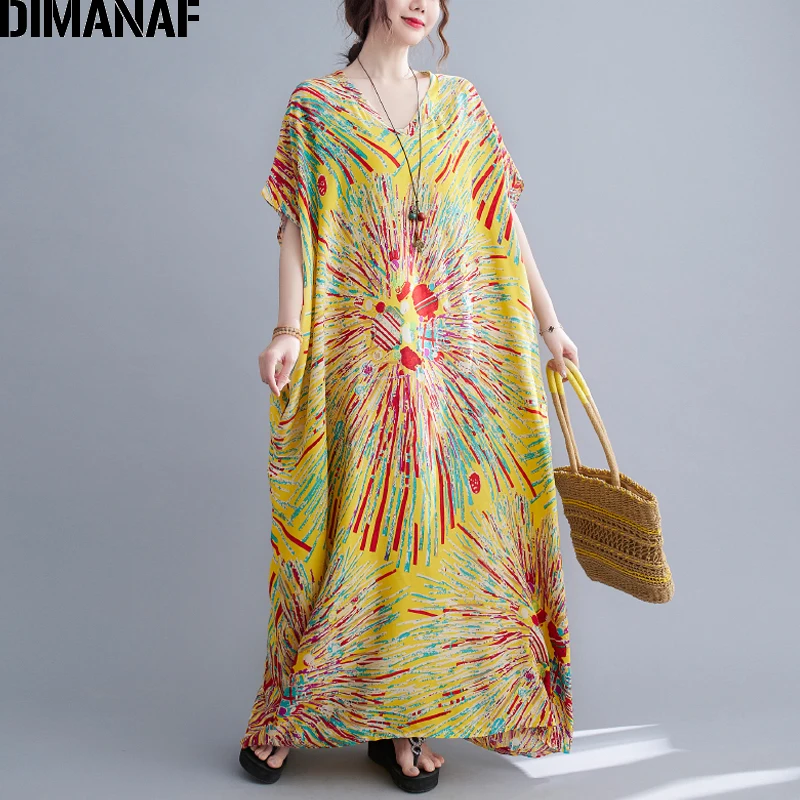 

DIMANAF 2021 Oversize Summer Dress Women Vestidos Beach Sundress Floral Print Maxi Long Dress Loose Casual Oversize 5XL 6XL 7XL