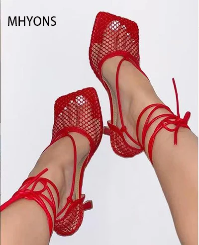 

2021 New Sexy Yellow Mesh Pumps Sandals Female Square Toe High Heel Lace Up Cross Tied Stiletto Hollow Dress Shoes Ytmtloy