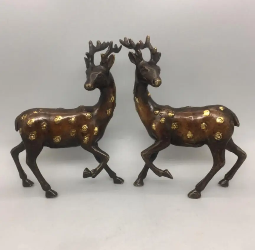 

China brass small Sika deer crafts statue A pair