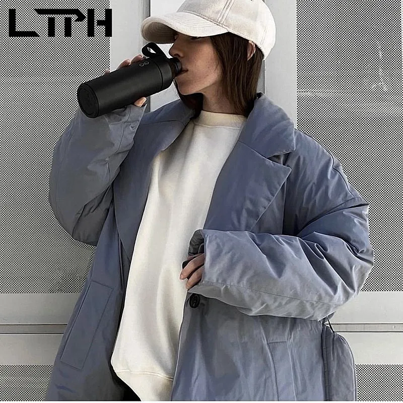 LTPH vintage casual women parkas solid loose casual sashes slim puffer jacket elegant streetwear winter warm coat 2021 new