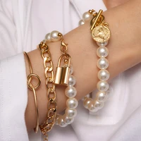 bohemian gold tassel pearl bracelets for women geometric round coin beads lock hand chain charm bracelet set party jewelry gift