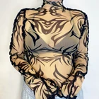 Женские пикантные сетчатые футболка прозрачные Модные длинным рукавом, с рисунком из мс высоким, плотно облегающим шею воротником с оборками и отделкой тонкий укороченный Топ Повседневная рубашка